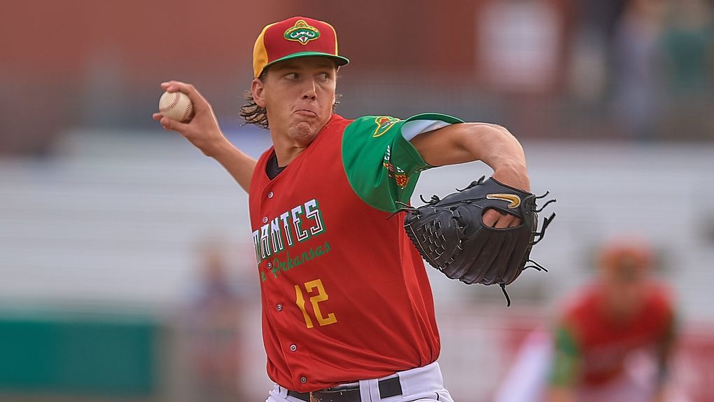 Mariners first-round draft pick Logan Gilbert pitches for the Arkansas Travelers on Aug. 24. (Mark Wagner / Arkansas Travelers)