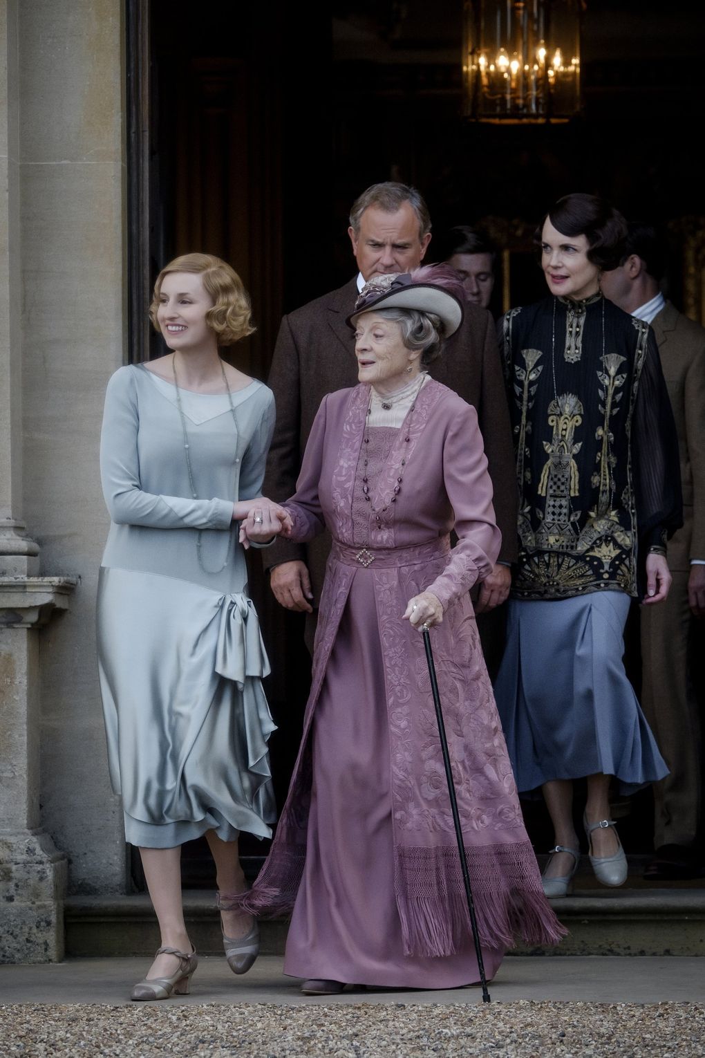 Laura Carmichael as Edith Crawley, left, Maggie Smith as Violet Crawley, Hugh Bonneville as Robert Crawley, Allen Leech as Tom Branson and Elizabeth McGovern as Cora Crawley in the “Downton Abbey” movie. (Jaap Buitendijk / Focus Features)