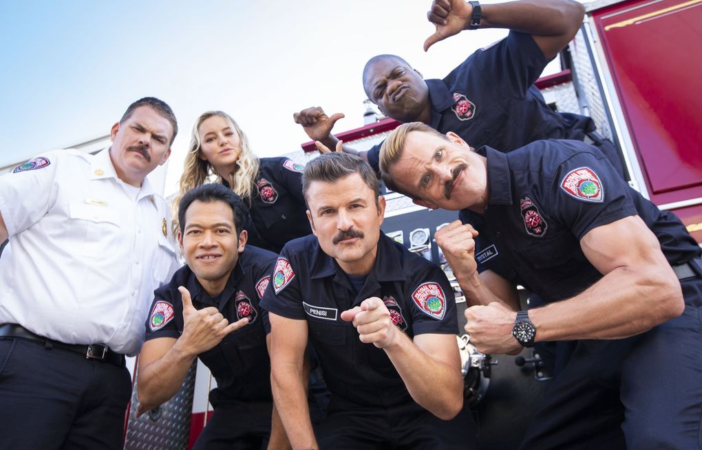 The cast of “Tacoma FD” includes, from left to right: Kevin Heffernan, Hassie Harrison, Eugene Cordero, Steve Lemme, Gabriel Hogan and Marcus Henderson. (Beth Dubber / truTV)