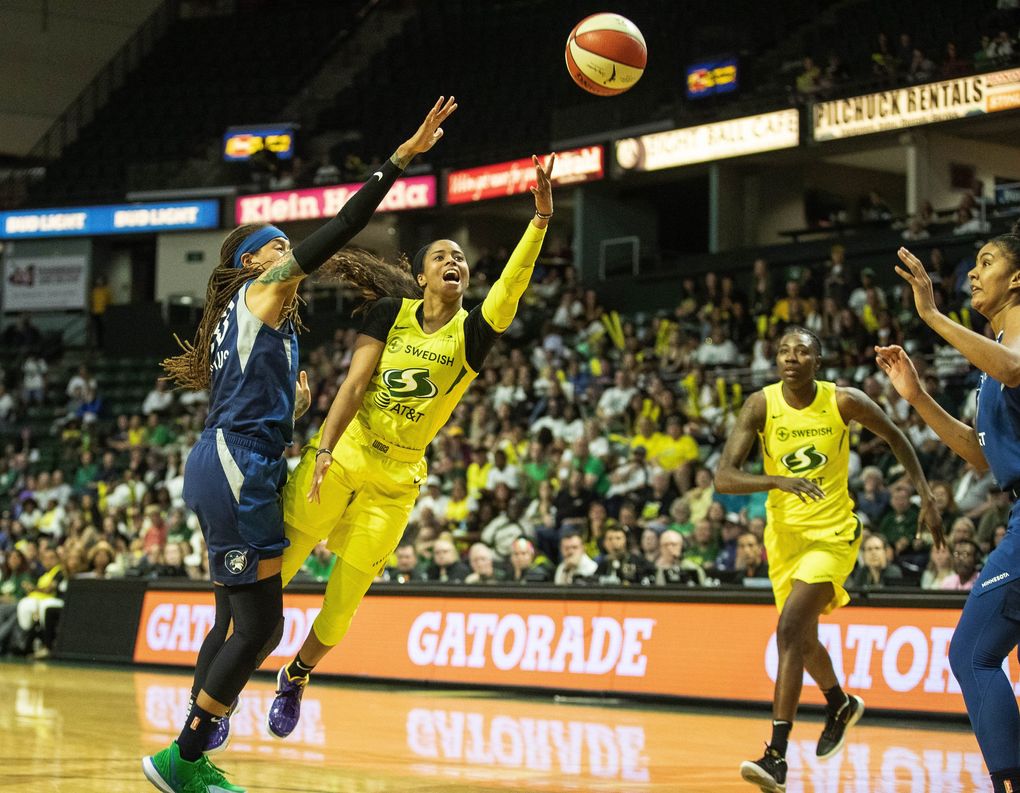 Jordin Canada puts up a shot in the second half against Minnesota in the first game of the WNBA Playoffs Wednesday September 11, 2019 at Angel of the Winds Arena in Everett, WA. (Dean Rutz / The Seattle Times)