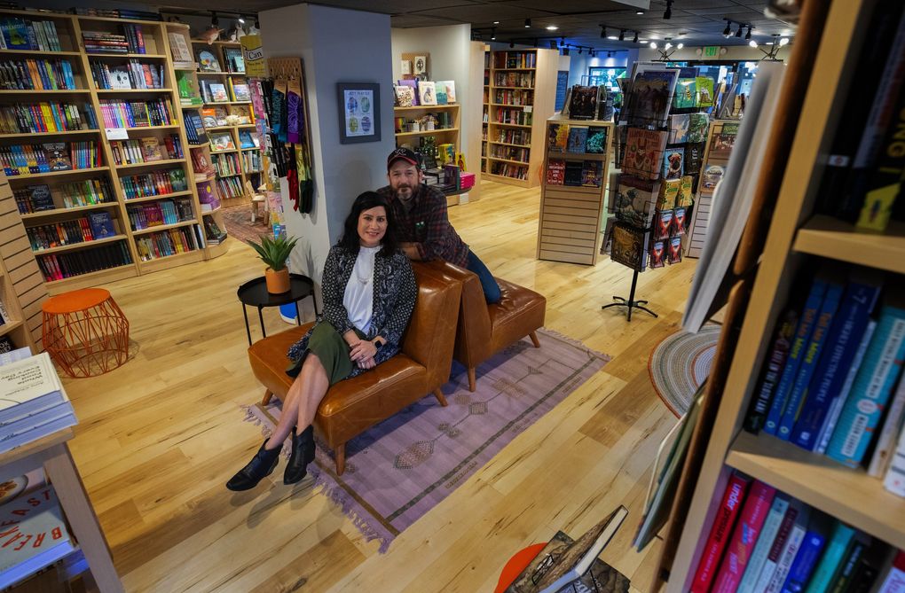When Desirae Wilkerson and her husband, Eric Judy, opened Paper Boat Booksellers in West Seattle last fall, they never imagined that they’d be dealing with the economic fallout of a global pandemic in their first year of business. (Ellen M. Banner / The Seattle Times)