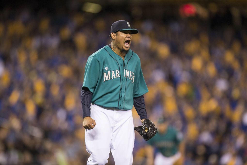 Felix Hernandez lets out a familiar roar after retiring the side against the Astros in 2014. (Dean Rutz / The Seattle Times)