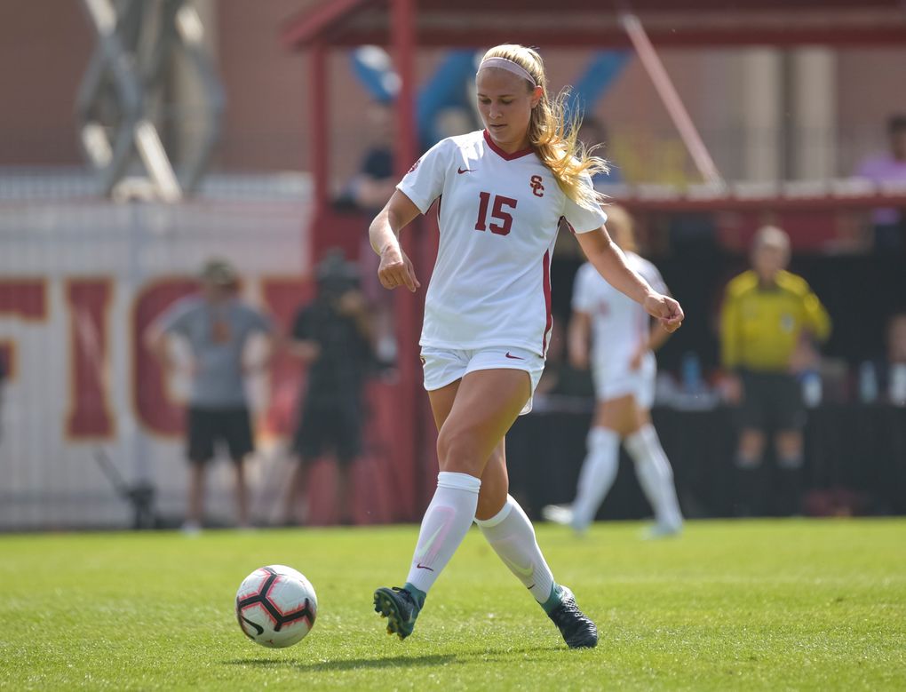 Jalen Woodward dribbles the ball during a USC soccer game. (Courtesy John McGillen, USC athletics)