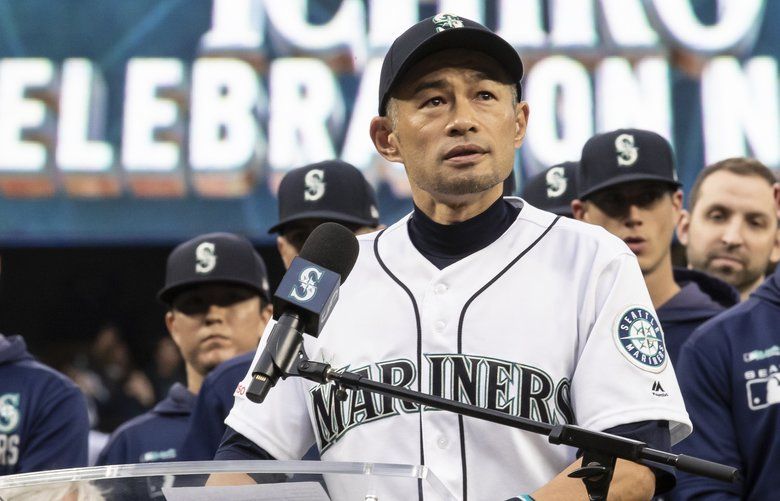 Former Seattle Mariners player Ichiro Suzuki pauses while giving a speech during a ceremony in which he was given Mariners’ Franchise Achievement Award, before a baseball game between the Chicago White Sox and the Mariners, Saturday, Sept. 14, 2019, in Seattle. (AP Photo/Stephen Brashear) WASB103 WASB103
