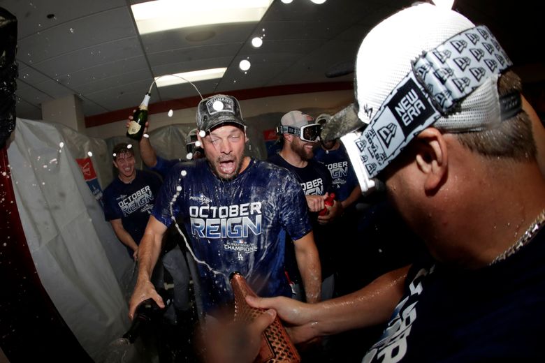 Los Angeles Dodgers team celebration in the locker room after