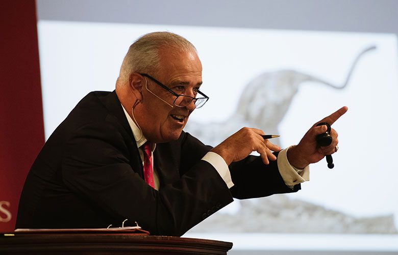 Hugh Edmeades auctions a collection of work by Dylan Lewis, a modern South African sculptor, at Christie’s in London, on Sept. 10, 2019. Edmeades has handled more than $2.75 billion in sales at Christie’s. Now he teaches a new generation the finer points of conducting an auction. (Shannon Jensen Wedgwood / The New York Times)