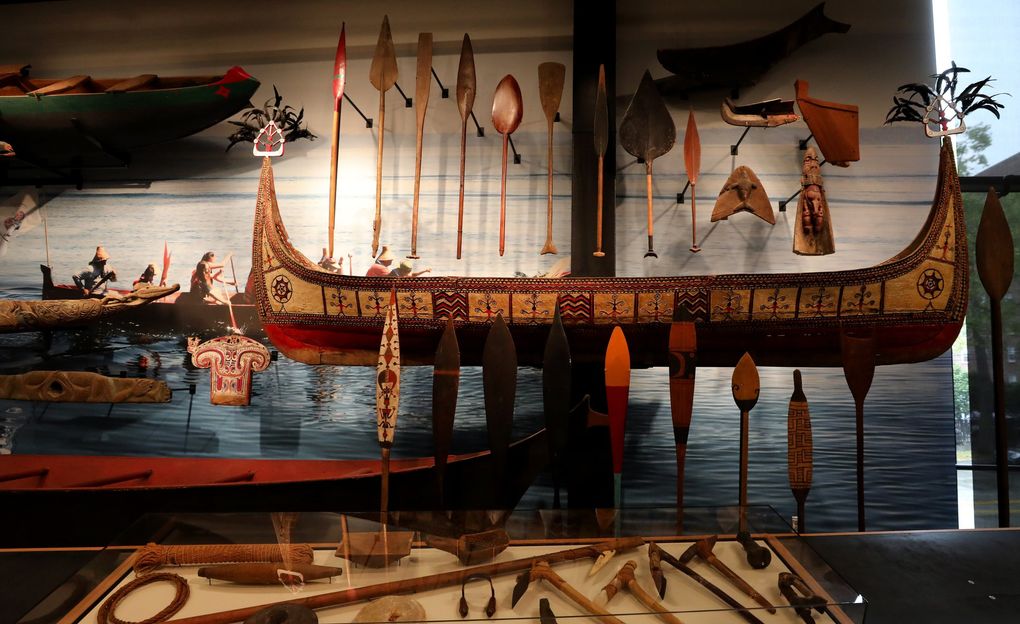 This large canoe, called a tatala, is from Taiwan. The elaborately carved boat was used for fishing and also for ceremonies. Once on display in Ivar’s Salmon House, it’s now in the new Burke Museum. (Alan Berner / The Seattle Times)