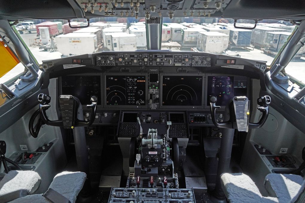 The cockpit of a grounded Lion Air Boeing 737 MAX 8 in Cenkareng, Indonesia, on March 15, 2019. (Dimas Ardian / Bloomberg)