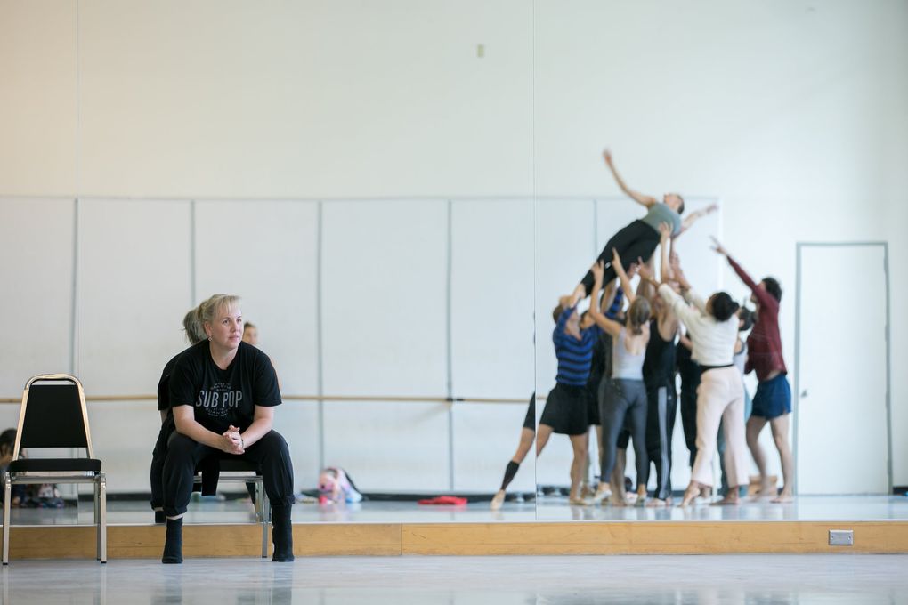 Choreographer Eva Stone rehearses her new work, “F O I L,” with Pacific Northwest Ballet company dancers. PNB will premiere “F O I L,” along with new works by Donald Byrd and Miles Pertl, as part of the “Locally Sourced” program Nov. 8-17. (Lindsay Thomas)