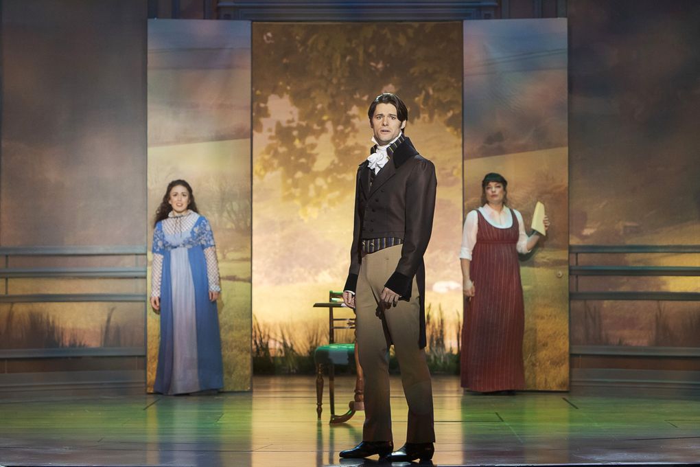 Olivia Hernandez as Elizabeth Bennet, Steven Good as Mr. Darcy, and Laura Michelle Kelly as Jane Austen in “Austen’s Pride.” (Tracy Martin)