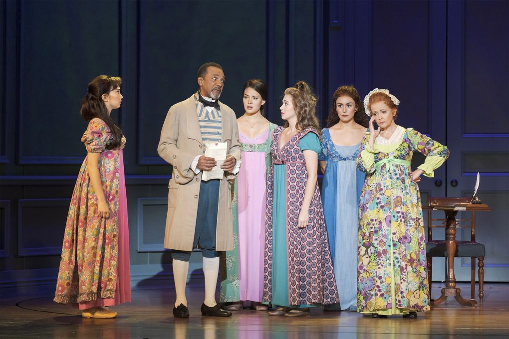 Left to right: Delphi Borich (Lydia Bennet), Clifton Davis (Mr. Bennet), Manna Nichols (Jane Bennet), Katie Dixon (Kitty Bennet), Olivia Hernandez (Elizabeth Bennet), and Michele Ragusa (Mrs. Bennet) in “Austen’s Pride.” (Tracy Martin)