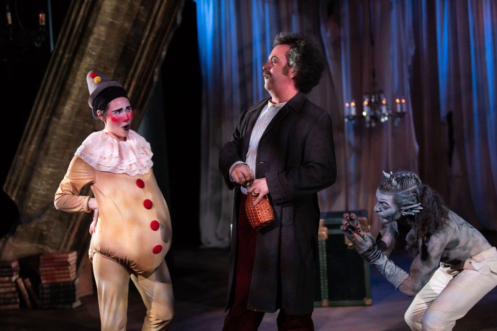 Amy Escobar as Trinculo, Peter Dylan O’Connor as Stephano and Christopher Morson as Caliban in “The Tempest” at Seattle Shakespeare Company. (HMMM Productions)