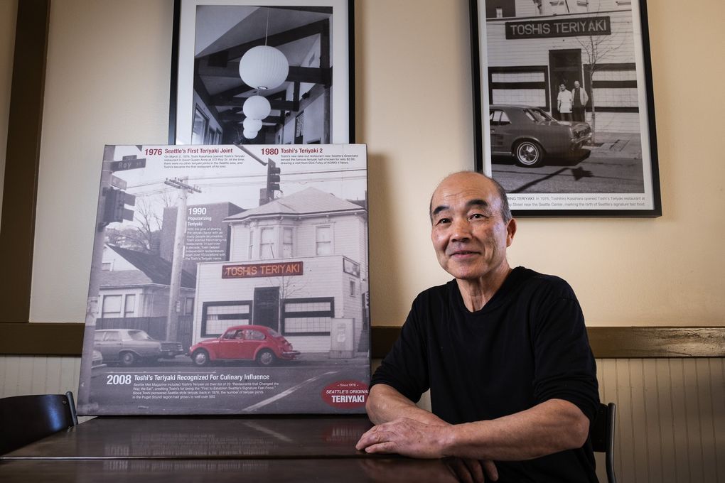 Chef Toshihiro Kasahara, credited with the invention of Seattle-style teriyaki back in 1976, with a photo of his first shop, praised that same year in the Seattle Times by restaurant reviewer John Hinterberger. (Dean Rutz / The Seattle Times)