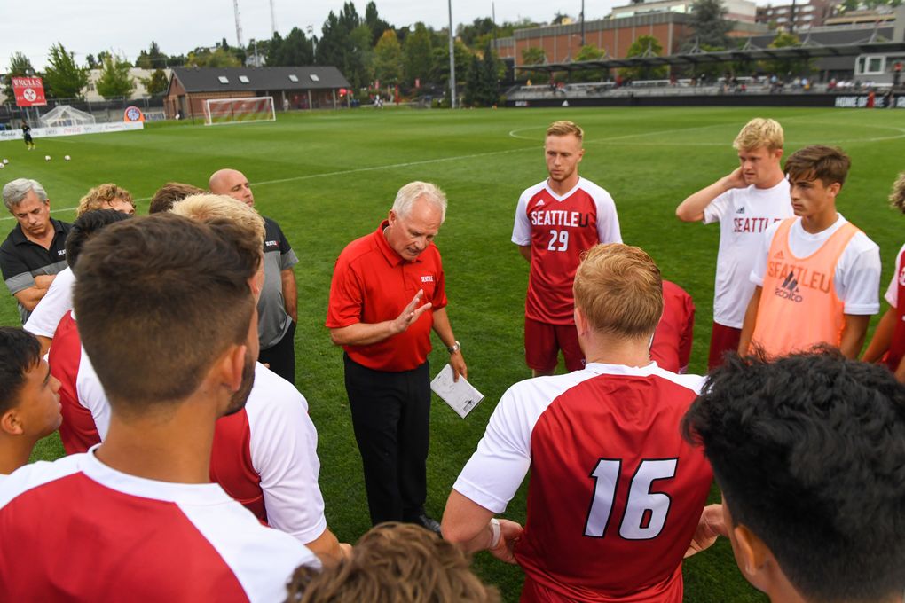 Seattle U men’s soccer head coach Pete Fewing rallies his players during a game against San Francisco on Aug. 30, 2019. (Courtesy Seattle U Athletics)