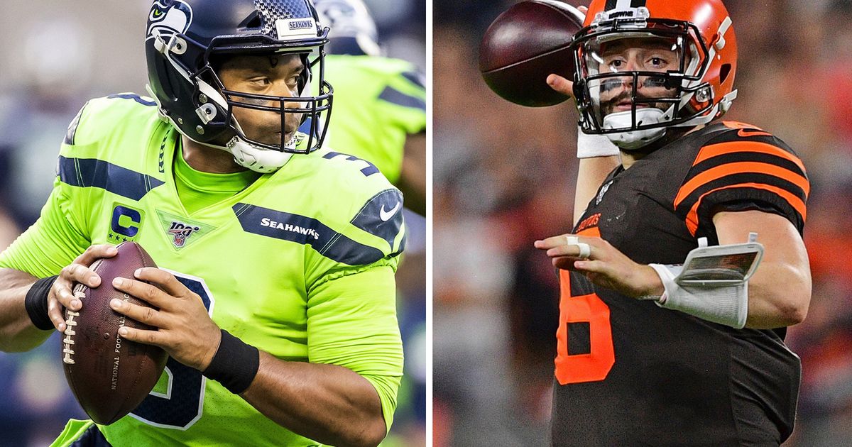 Seattle Seahawks quarterback Russell Wilson (3) warms up before an NFL  football game against the Cleveland Browns, Sunday, Oct. 13, 2019, in  Cleveland. The Seahawks won 32-28. (AP Photo/David Richard Stock Photo -  Alamy