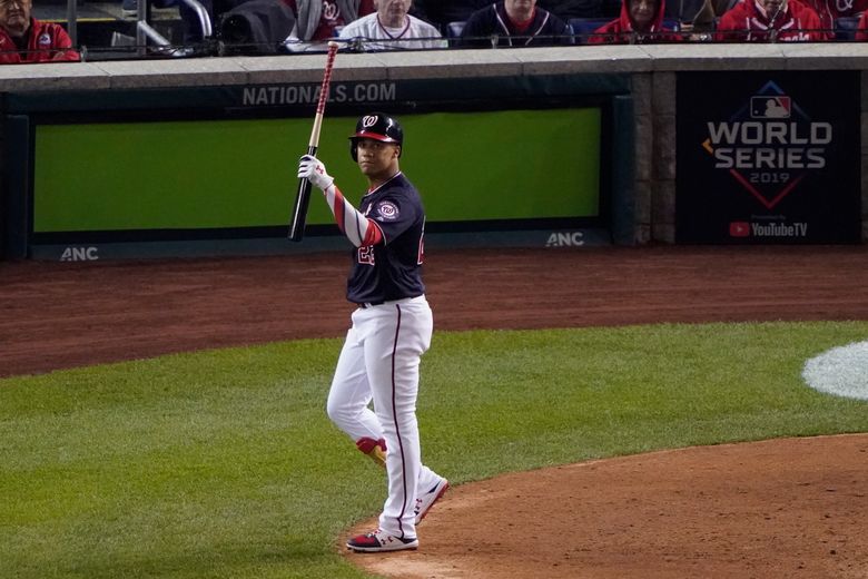 Juan Soto of the Washington Nationals reacts after striking out