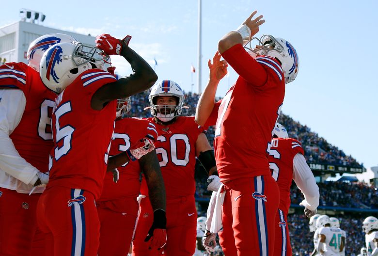 The Buffalo Bills offensive line, from left to right, Duke Preston