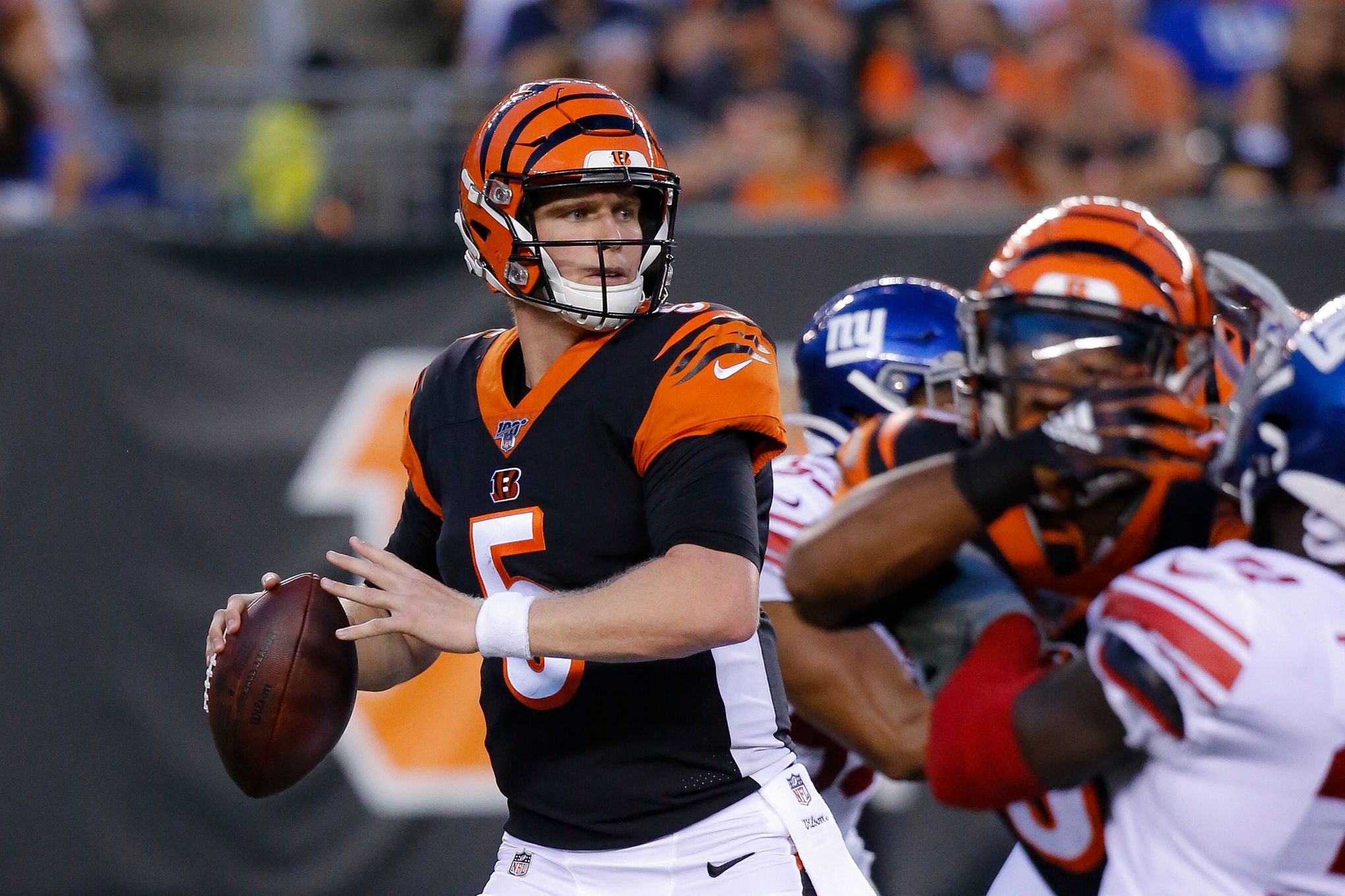 Cincinnati Bengals quarterback Ryan Finley is sacked by Oakland