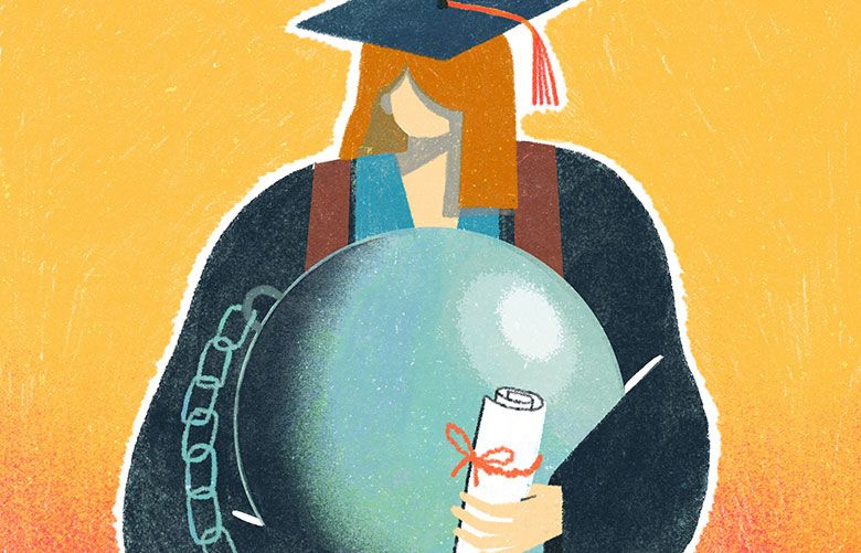 America’s student debt is growing more slowly, but borrowing remains a fact of life for most students. The average burden for indebted college graduates is now nearly $30,000, a new analysis found. (Wenjia Tang / The New York Times) 