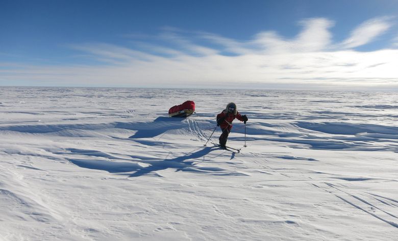 Every day on their Antarctica skiing expedition, it was tough work for Chris and Marty Fagan to pull 220-pound sleds over bumpy snow features carved by the wind. (Chris and Marty Fagan )