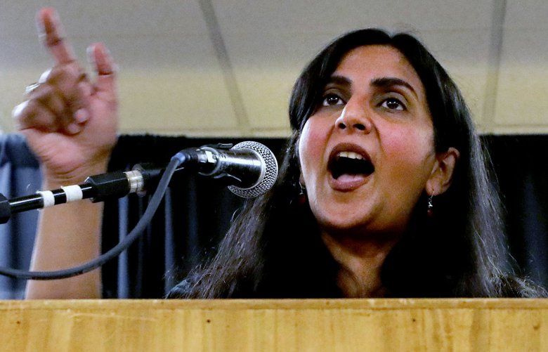 Though behind in the initial vote drop, Seattle City Councilmember Kshama Sawant gives a spirited speech to supporters gathered at Langston Hughes Performing Arts Institute, saying “we have to fire Jeff Bezos.” 212003