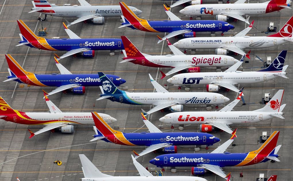 Nearly 200 completed Boeing 737 MAX airplanes, including some for Southwest Airlines, are parked at the Grant County International Airport in Moses Lake. (Mike Siegel / The Seattle Times)