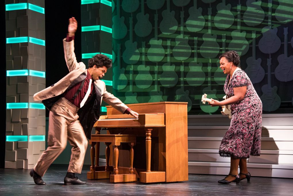 Christin Byrdsong and Carrie Compere in “Shout Sister Shout!” at Seattle Rep. (Bronwen Houck)