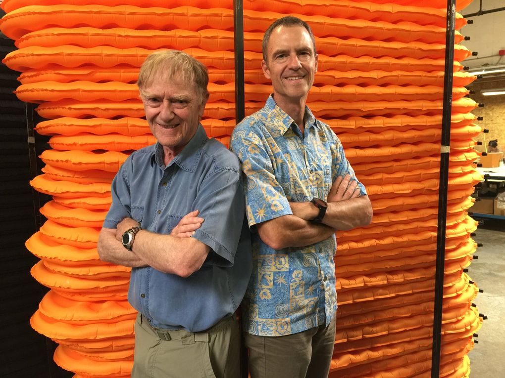 John Burroughs, left, was one of three men who invented the Therm-a-Rest mattress and the Cascade Designs company in Seattle. Burroughs, an engineer and mountaineer, is mostly retired now. His son, David Burroughs, right, is the company’s president. (Courtesy Therm-a-Rest)
