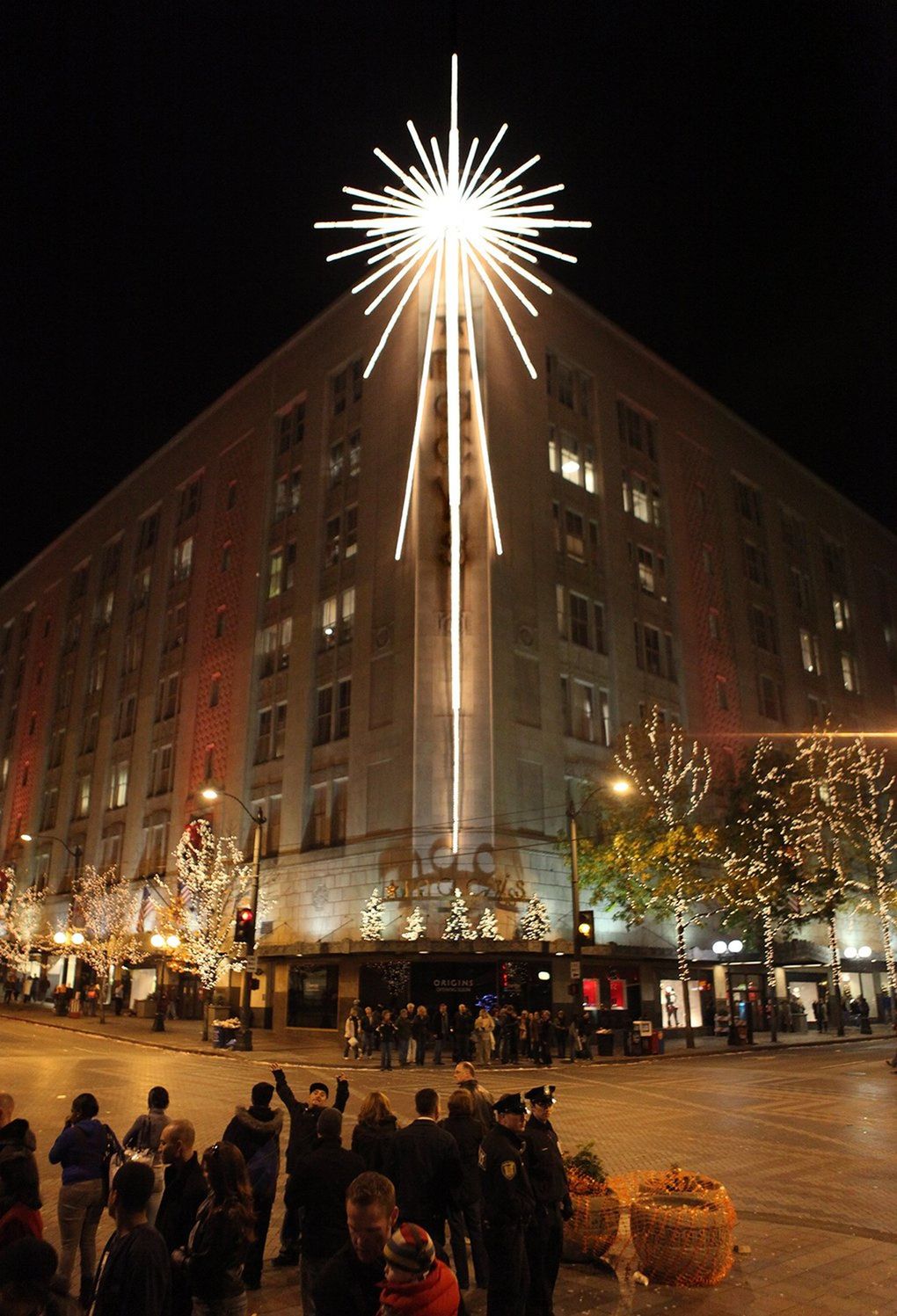The Macy’s star is shown after being lit up along with the Westlake Center tree in 2009. (Cliff DesPeaux / The Seattle Times)