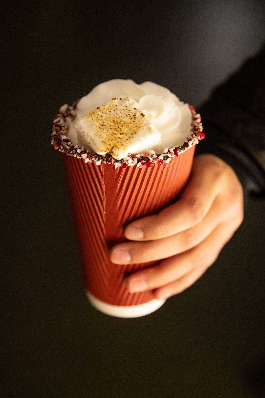 Hot chocolate topped with whipped cream and a toasted marshmallow goes for $8 at Enchant Christmas, which takes over T-Mobile Park through Dec. 29. (Andy Bao / The Seattle Times)