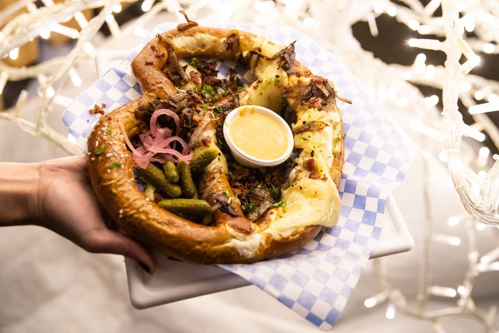 Enchanted Pretzel ($15) is one food offering during Enchant Christmas at T-Mobile Park. (Andy Bao / The Seattle Times)