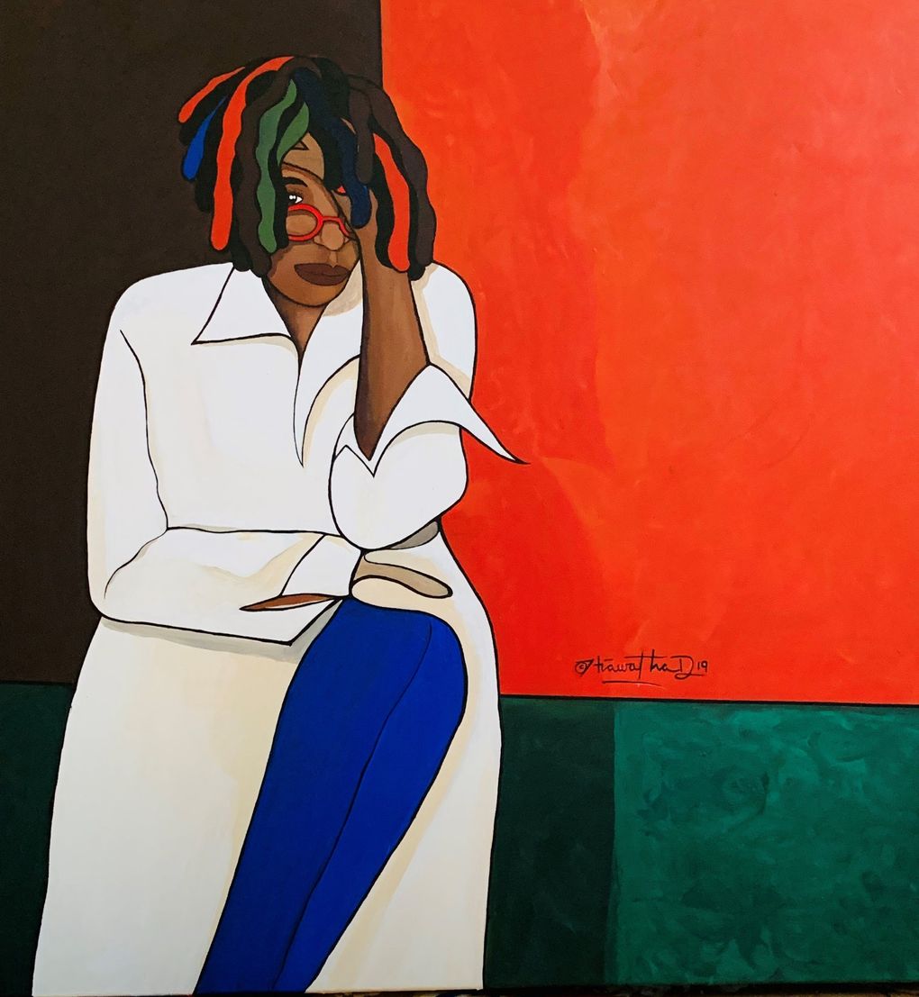 Hiawatha D.’s painting of Whoopi Goldberg is part of his “Iconic Black Women: Ain’t I a Woman” exhibit at Northwest African American Museum, through March 15, 2020. (Veronica Very Davis)