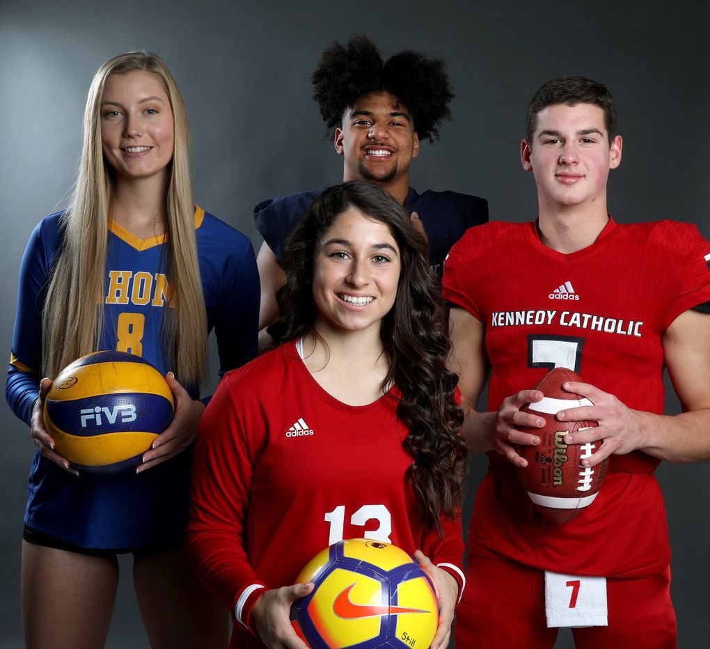 The Star Times players of the year from left, Chey Jones, Tahoma; Hailey Still, Thomas Jefferson; J.T. Tuimoloau, Eastside Catholic; Sam Huard, Kennedy Catholic. (Greg Gilbert / The Seattle Times)
