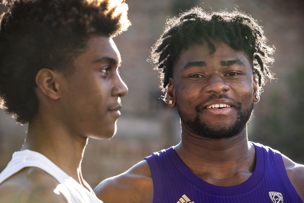 Jaden McDaniel, left, and Isaiah Stewart are Washington’s fab freshman. Photographed Friday, Nov 1, 2019. (Dean Rutz / The Seattle Times)