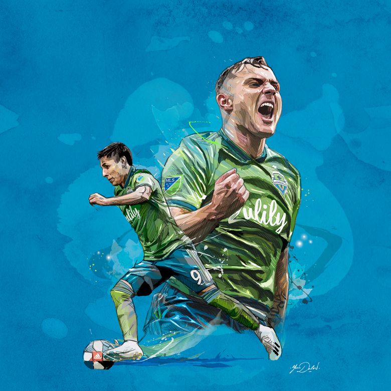 Sounders stars Raul Ruidiaz, left, and Jordan Morris. (Illustration by Yann Dalon / Special to The Seattle Times)