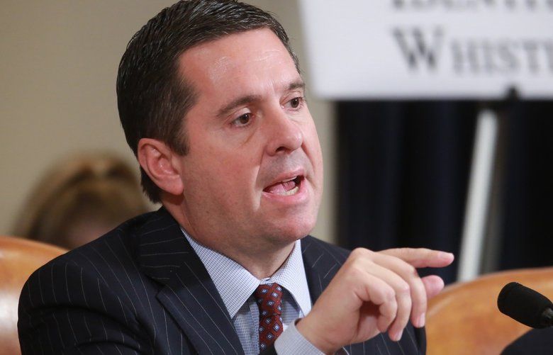 (R-CA) Devin Nunes questions Ambassador Gordon Sondland, U.S. Ambassador to the European Union during the open hearing of the House Intelligence Committe into the impeachment inquiry of President Donald Trump. (kirk McKoy / Los Angeles Times/TNS) 1501552 1501552