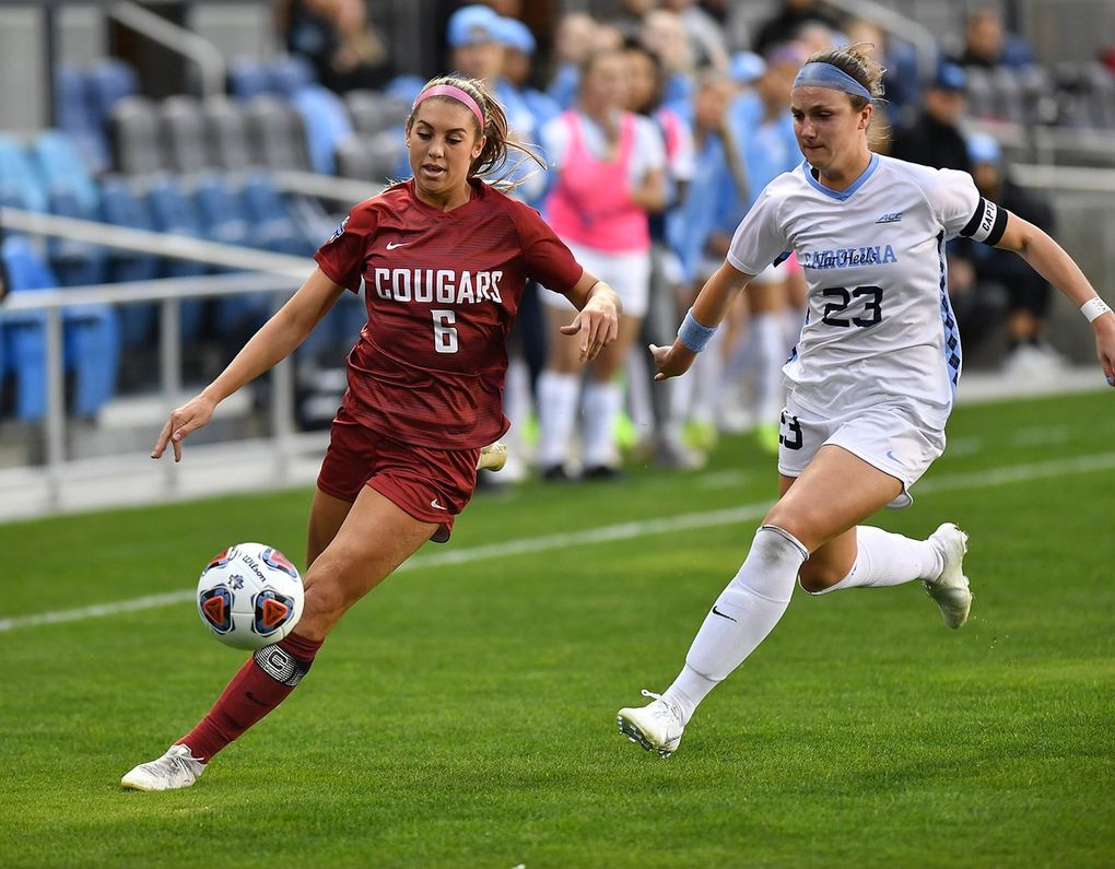 Washington State’s Morgan Weaver controls the ball during the College Cup semifinal vs. North Carolina on Friday. (Robert Hubner / WSU Athletics)