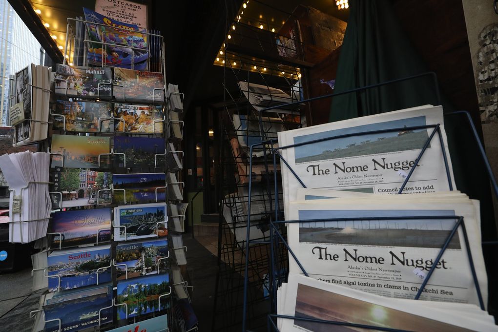First and Pike News always receives the Nome Nugget, the oldest paper in Alaska. The paper used to be owned by Lee Lauckhart’s uncle, Albro Gregory. The weekly costs just a buck. (Alan Berner / The Seattle Times)