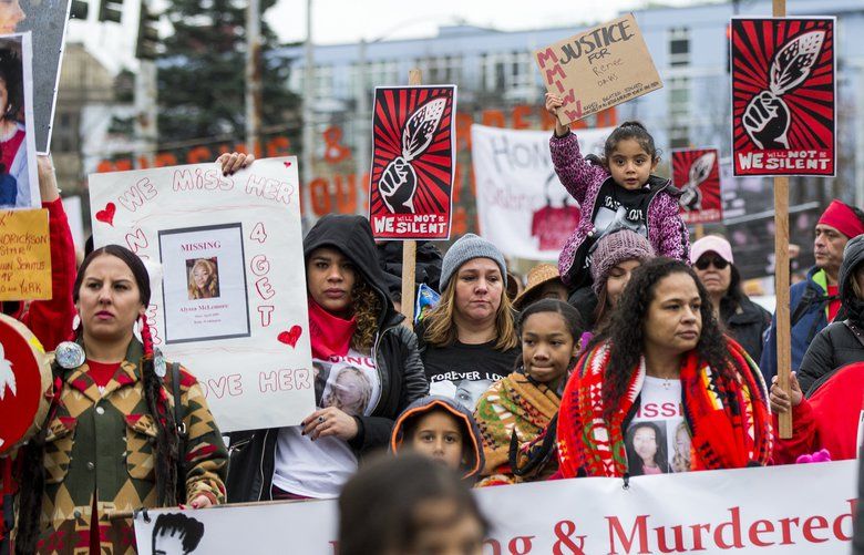 The families of missing and murdered Indigenous women  lead the 2018 Women’s March at the front of a group honoring their memory in Seattle Saturday January 20. 204956