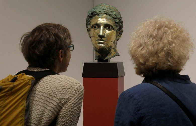 Apollo is an antiquity for sale for $4.8 million of gilded bronze, obsidian and gypsum alabaster eyes on display at the Electrum Art Gallery space at the Seattle Art Fair on Friday, August 2, 2019
Runs through Sunday 211082