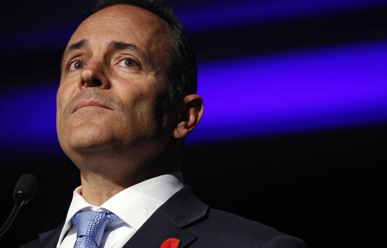 FILE — Gov. Matt Bevin of Kentucky, at an election night in Louisville, Nov. 5, 2019. Bevin has issued hundreds of pardons during his final days in office, including multiple men convicted of murder and another convicted of sexual assault. On Friday, state legislators called the incoming attorney general to open a formal investigation. (Luke Sharrett/The New York Times) XNYT160 XNYT160