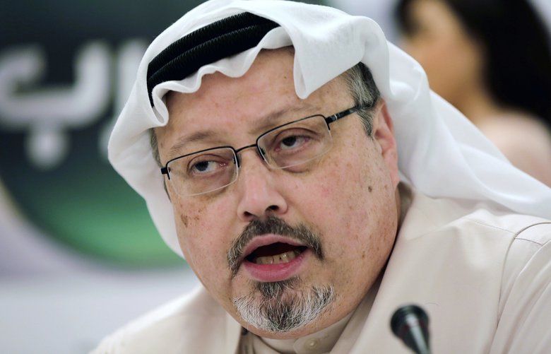 FILE – In this Dec. 15, 2014, file photo, Saudi journalist Jamal Khashoggi speaks during a news conference in Manama, Bahrain. A court in Saudi Arabia on Monday sentenced five people to death for the killing of Washington Post columnist Khashoggi, who was murdered in the Saudi Consulate in Istanbul last year by a team of Saudi agents. (AP Photo/Hasan Jamali, File) BKWS305 BKWS305