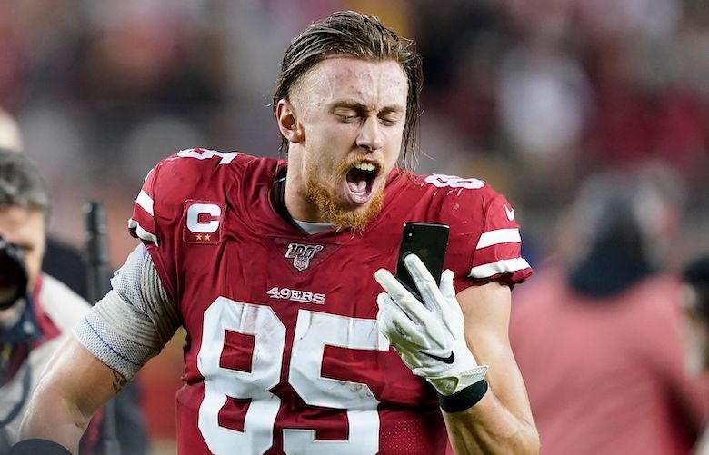 San Francisco 49ers tight end George Kittle (85) makes a catch during an  NFL football game against the Seattle Seahawks, Sunday, Oct. 3, 2021 in  Santa Clara, Calif. (AP Photo/Lachlan Cunningham Stock