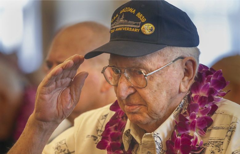 NEWPORT BEACH, CA., OCTOBER 26, 2016: Pearl Harbor survivor Lauren F. Bruner, who still mourns his lost shipmates from the USS Arizona, salutes the flag during the presentation of the colors during a ceremony in Newport Beach honoring eleven of the survivors as the 75th anniversary of the attack approaches October 26, 2016. The Navy League of the U.S., Orange County Council held the celebration to honor the eleven Pearl Harbor survivors during a gathering at the Pacific Club with music, speeches and all of the proper reverence (Mark Boster/ Los Angeles Times).
