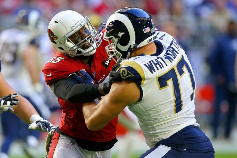 Los Angeles Rams offensive tackle Andrew Whitworth (77) hold his