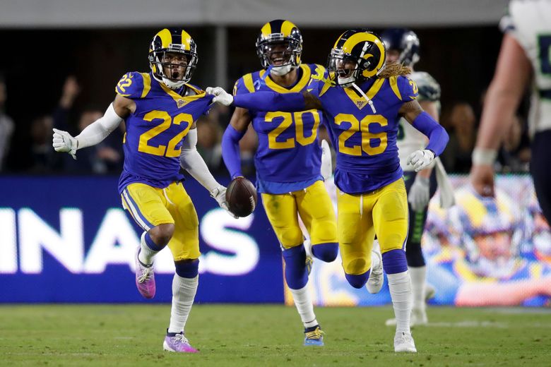 Cornerback Jalen Ramsey of the Los Angeles Rams celebrates after a