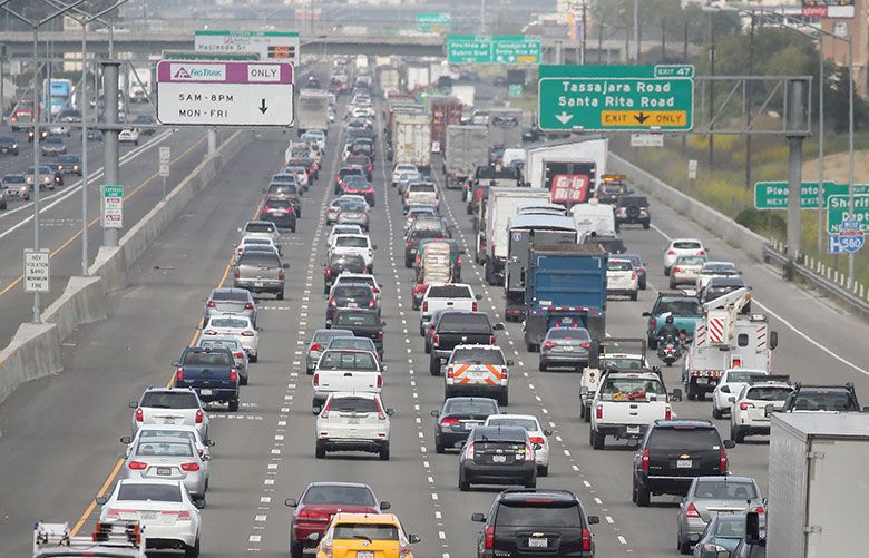 Traffic backs up on westbound Interstate 580 during the morning commute as seen from the El Charro Road overpass in Livermore, California, on April 24, 2018. (Jane Tyska / TNS file photo)