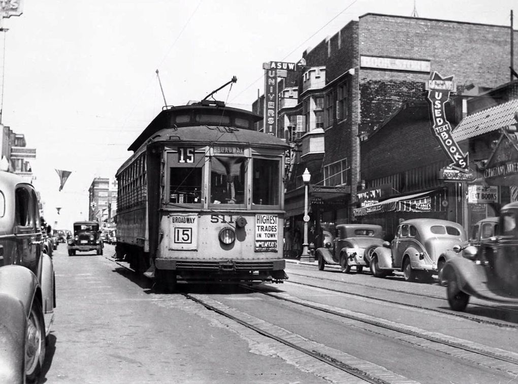 In this 1939 photo, you can see the new 1930s facade of the University Bookstore, just behind the tram. (Courtesy of the University Bookstore)