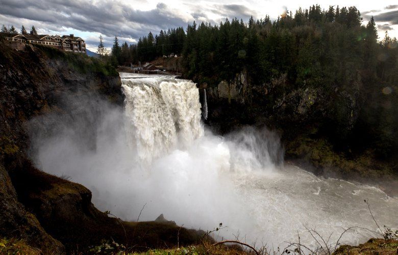 Approximately 4.3 billion gallons of water is expected to pass through this section of the Snoqualmie River, over Snoqualmie falls today, according to a USGS flow report. 212607