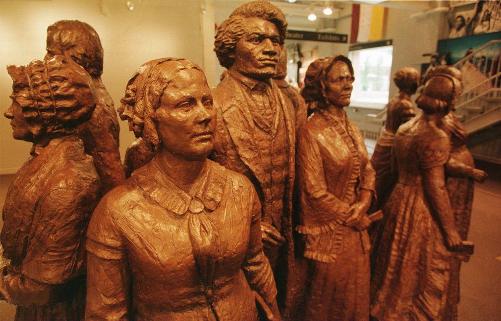 These large bronze statues are the signature at the Women’s Rights National Historical Park in Seneca Falls, New York, where Elizabeth Cady Stanton, Lucretta Mott and others attended the pivotal 1848 Women’s Rights Convention. (Michael Okoniewski / The Associated Press)